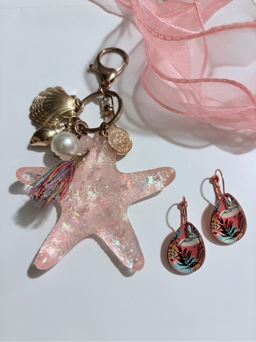 Pink Iridescent Starfish Keychain Charm with Shell Accents & Earring Set
